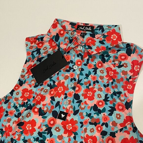 Bad Birdie Tops - Bad Birdie Sleeveless Polo Shirt Women’s Large Go USA Floral Red Blue UPF 50+